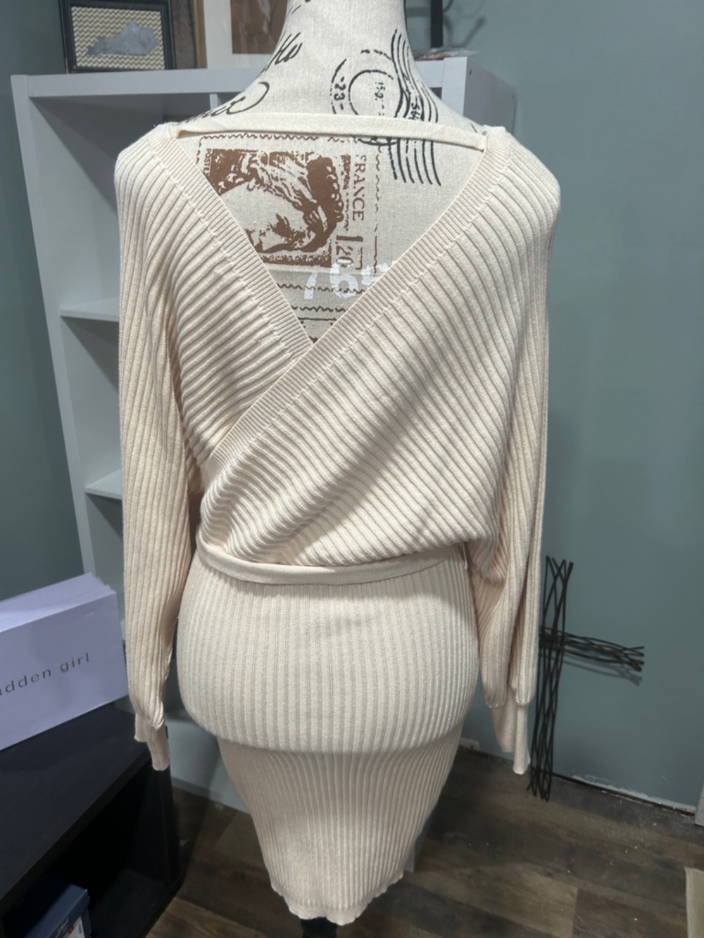 Love Tree Cream Ribbed Knit Wrap Sweater Dress - Picture 3 of 3
